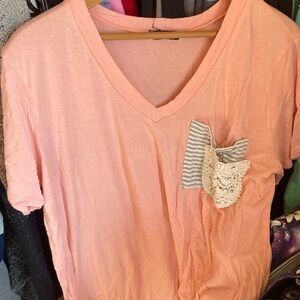 Pink V-Neck Women's Top with Lace Pocket